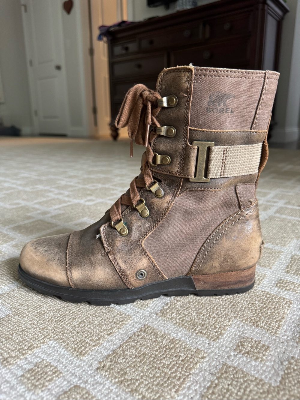 Sorel Major Carly Distressed Leather Canvas Combat Boots Brown Size 8.5 - Picture 6 of 16